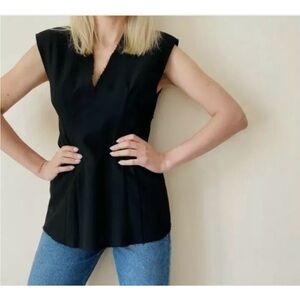 ZARA Black Sleeveless Padded V Neck Top Raw Hems Size M